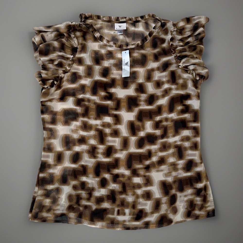 NWT Worthington Brown Sheer Top Abstract Blouse With Camisole Sz Large